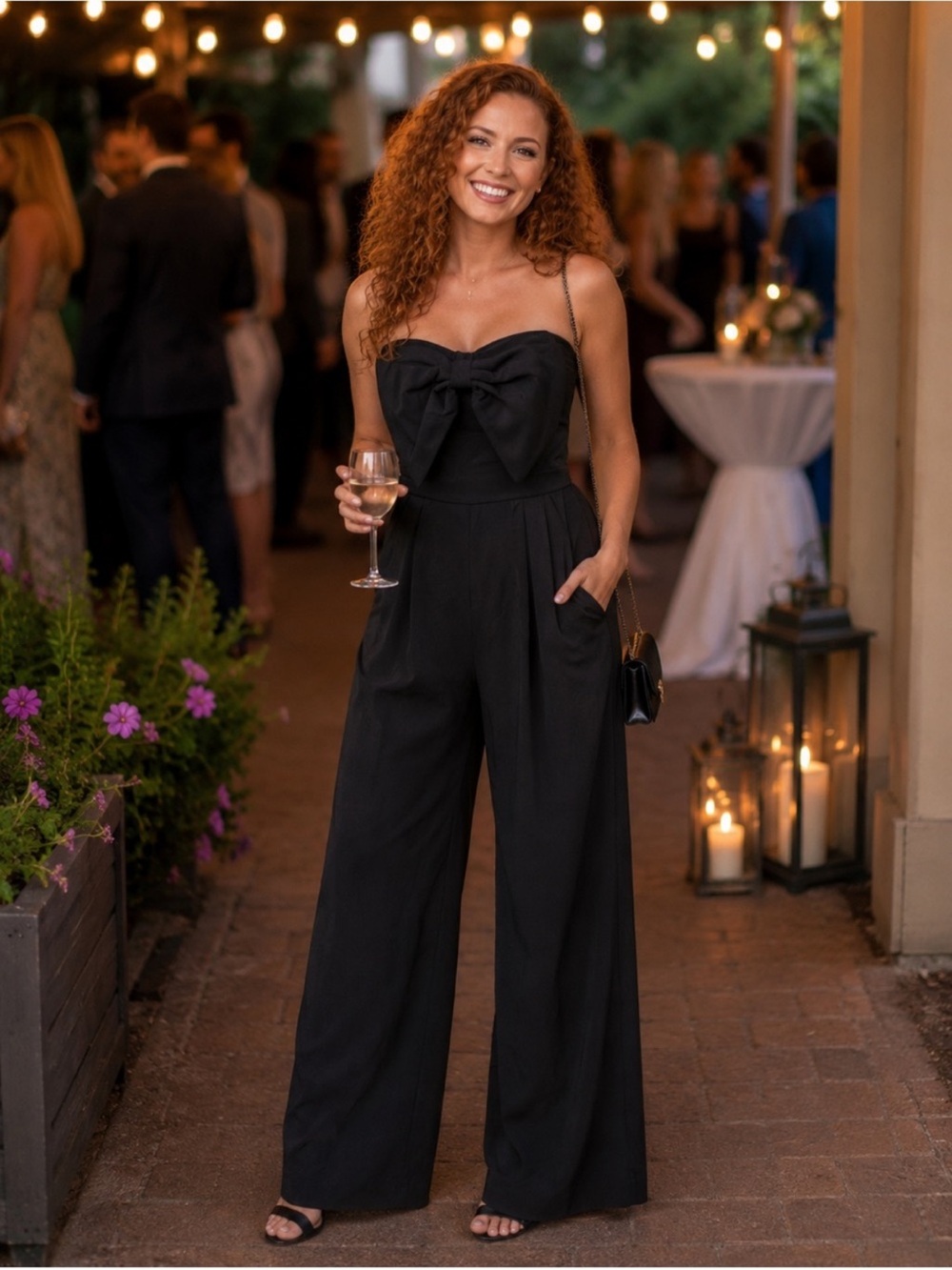 Strapless Black Wide-Leg Jumpsuit with Front Bow
